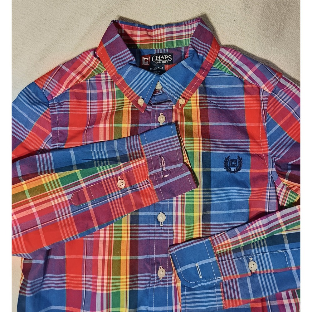 Chaps Boys Multicolor Rainbow Plaid Button Down Shirt Size M 10-12 Long Sleeve